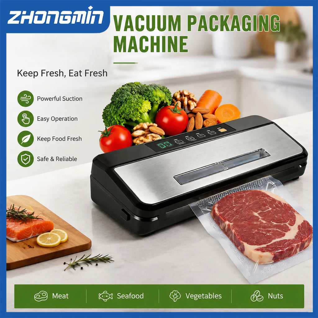 ZHONGMIN Multifunctional Vacuum Sealer Machine 110V Automatic Food Sealer with Built-in Cutter 5mm Dual Sealing Strong Suction