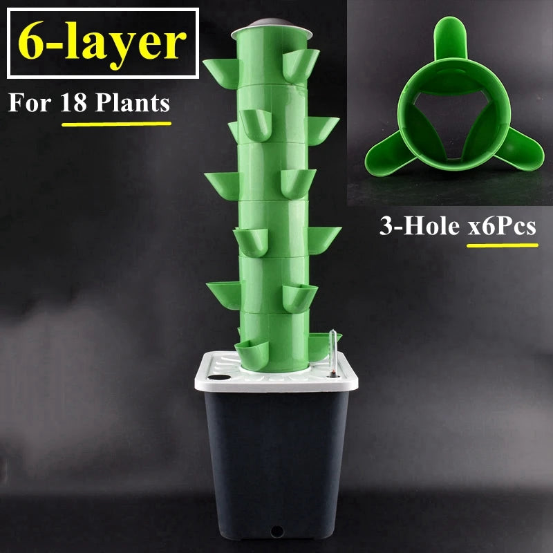 Green 6-layer vertical tower planter with stacked cups and 3-hole support ring