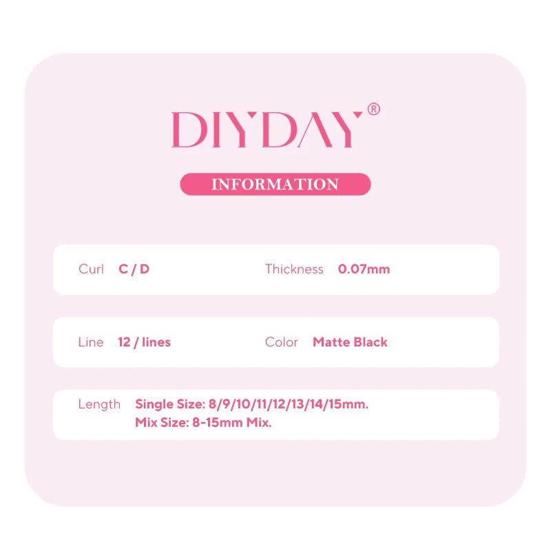 DIYDAY information card for matte black YY eyelash extensions with C/D curl, 0.07mm thickness, and various lengths.