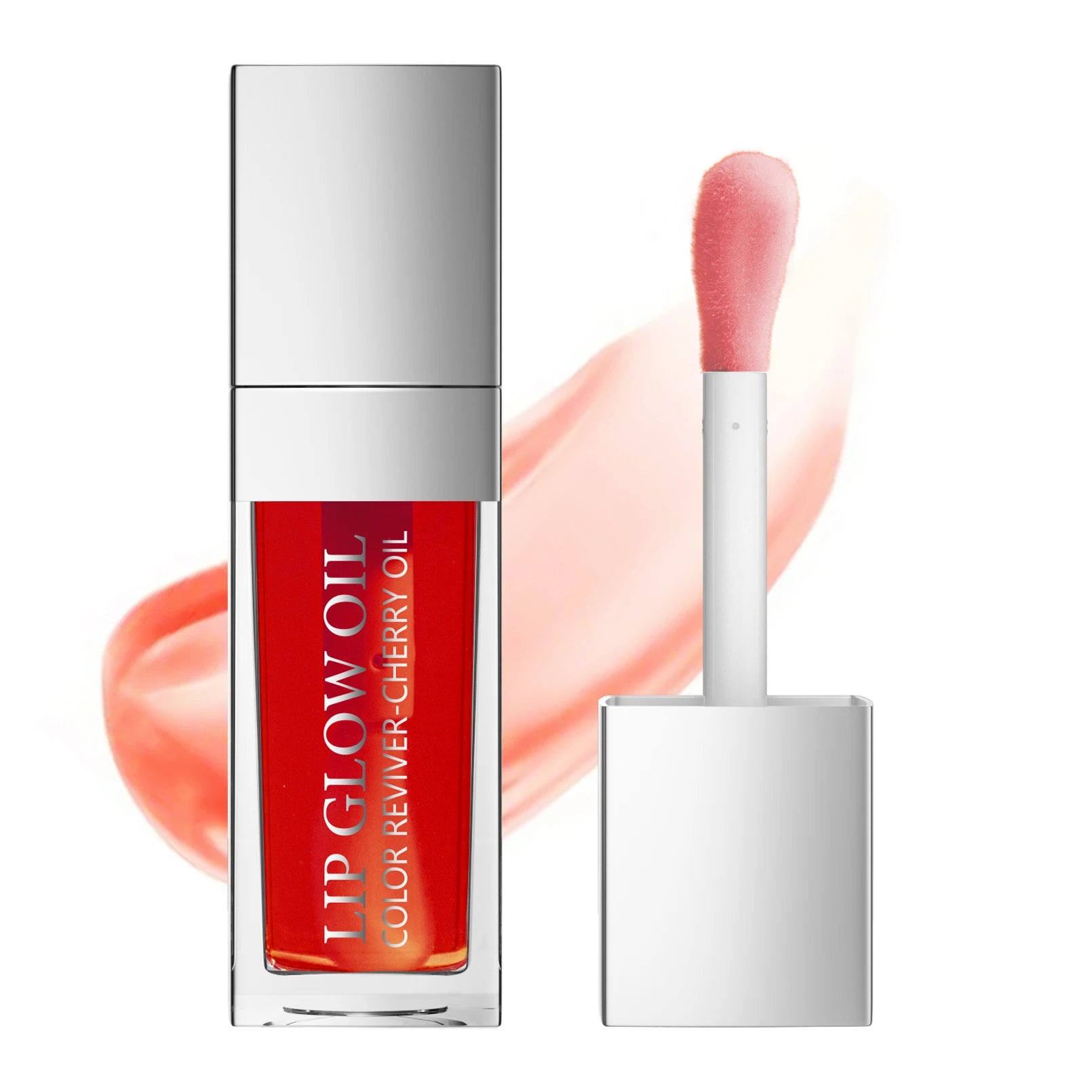 Red crystal jelly moisturizing lip oil with glossy cherry tint, plumping applicator, and smooth, hydrating texture.