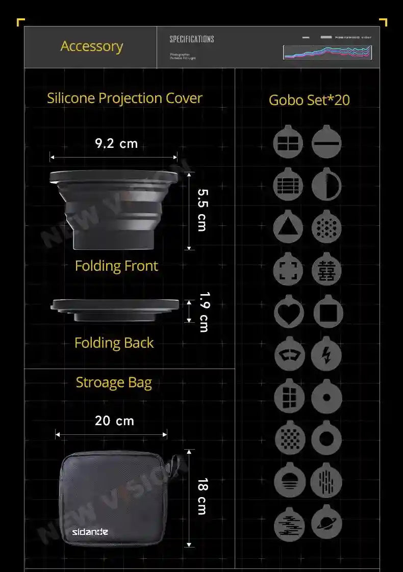 Collapsible black silicone projection cover, storage bag, and 20 pattern gobos for photography light projection.
