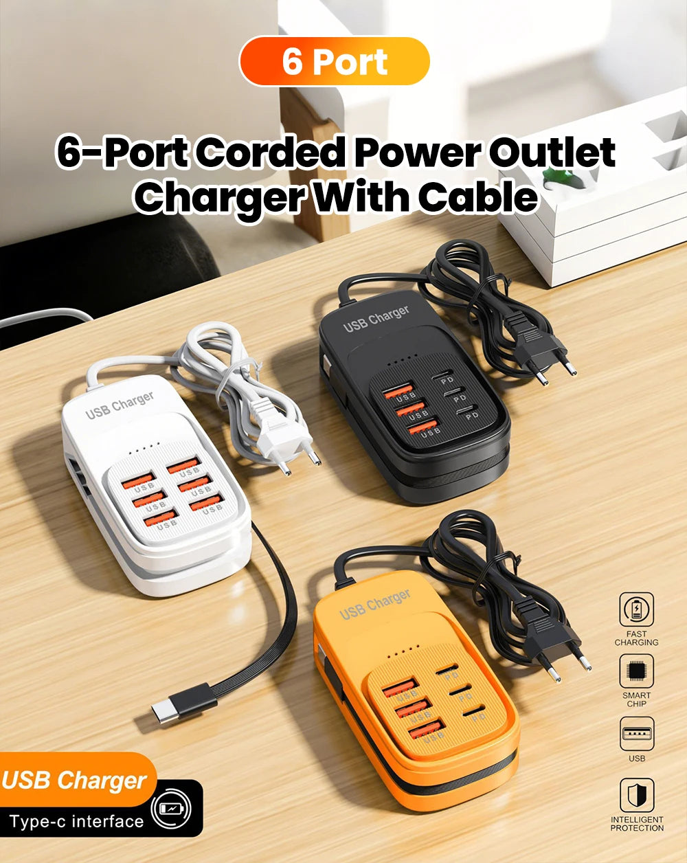 EU/US/UK 6-Ports USB Charging Extension Socket with Type-C Cable 3USB 3PD Power Strip Desktop Charging Station HUB Adapter 5V2A