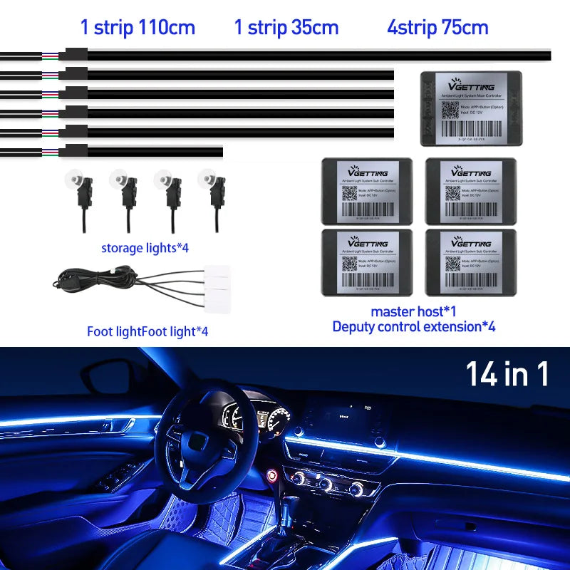 14-in-1 car ambient LED lighting kit with light strips, control modules, and footwell lights for interior decoration.