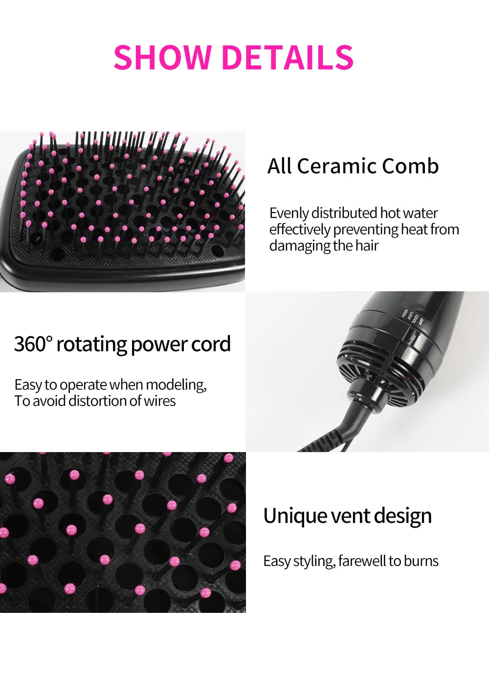 Black hair dryer brush with ceramic comb, heat-safe vents, and 360-degree swivel cord for easy styling.