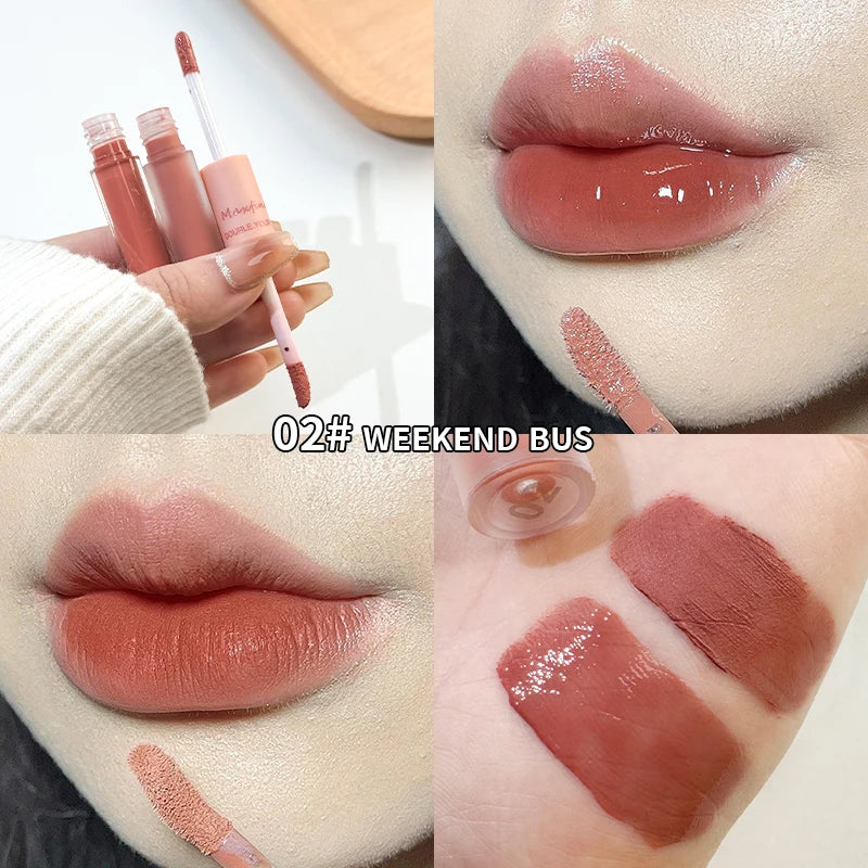 Double-headed lip gloss in 02# Weekend Bus featuring mirror shine and velvet matte finish for long-lasting lip makeup.