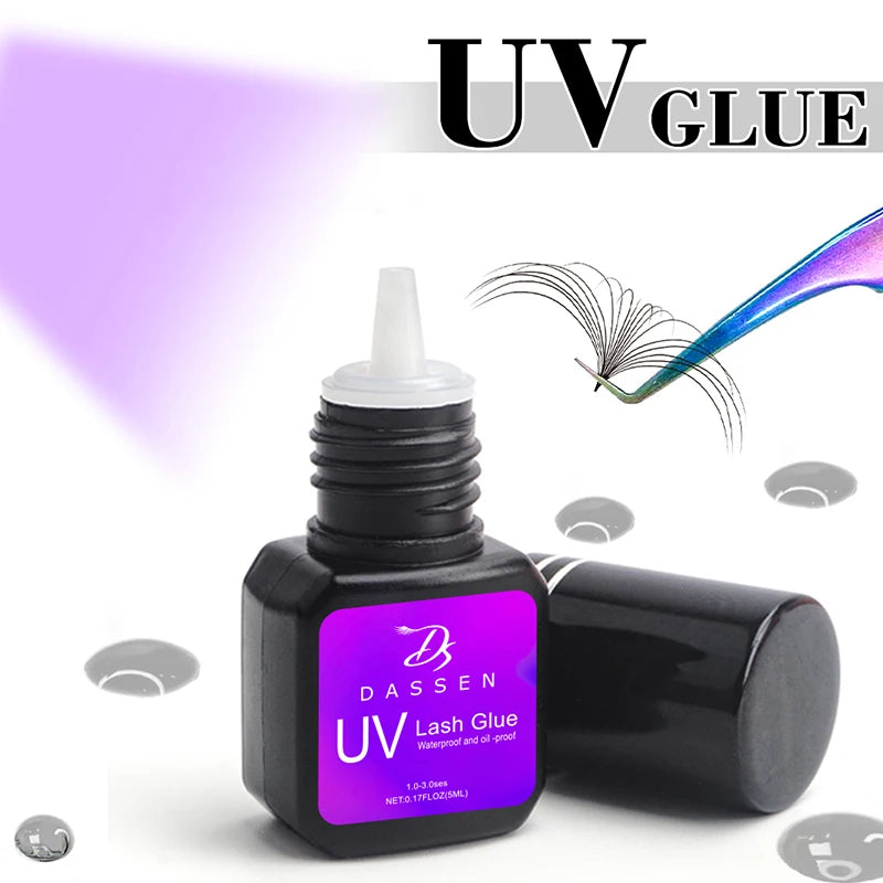 Dassen 5ml UV eyelash extension glue in a black bottle with a purple label, fast-drying adhesive for professional use.