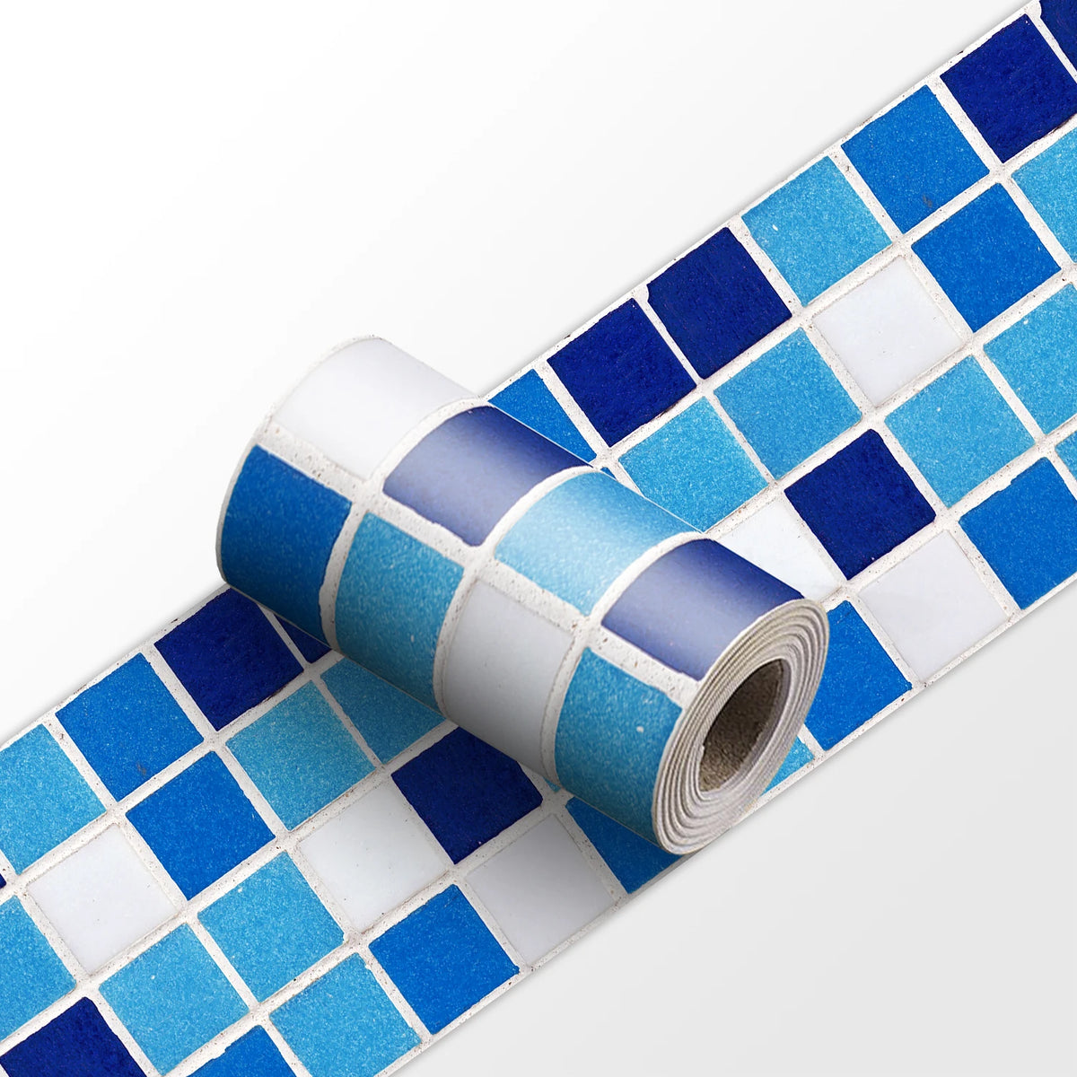 Mosaic tile wall sticker strip roll with bright blue and white square tiles