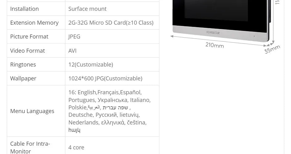 4 Wire WIFI Tuya Smart 7" Touch Screen Monitor BA15D-S Menu Motion Detection For HOMSECUR 1080P Video Doorphone Intercom
