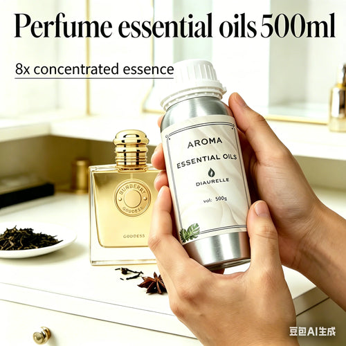Silver Diaurelle essential oil bottle for aromatherapy wellness, held in hands next to gold perfume.