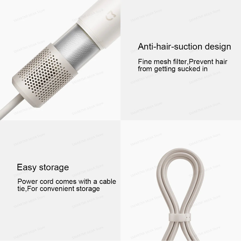MIJIA high-speed hair dryer features anti-hair-suction mesh filter and convenient cord tie for easy storage.