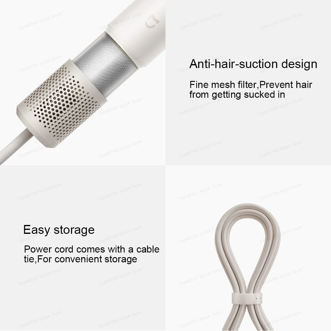 MIJIA high-speed hair dryer features anti-hair-suction mesh filter and convenient cord tie for easy storage.