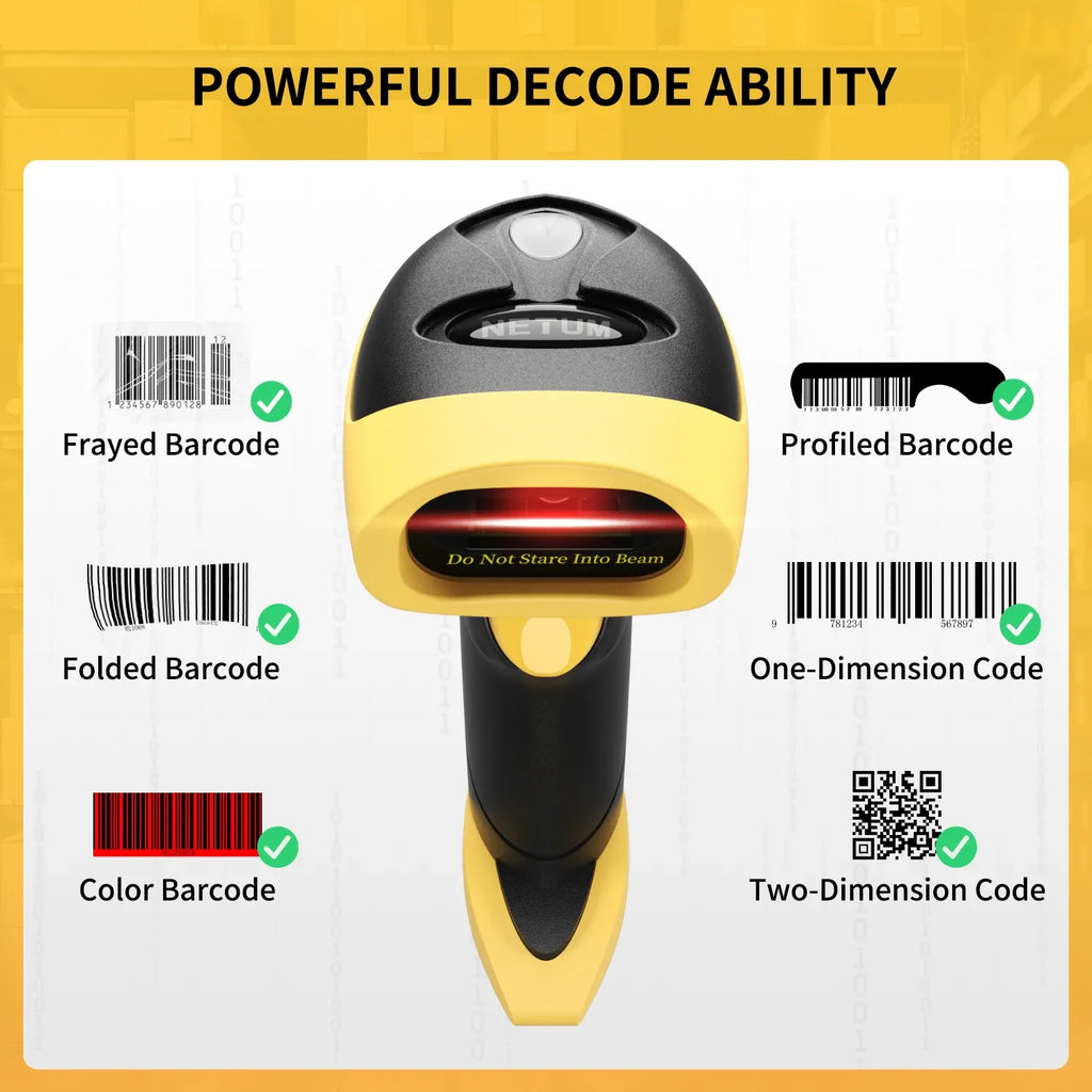 Yellow-and-black 2D barcode scanner with decode beam and one- and two-dimensional codes