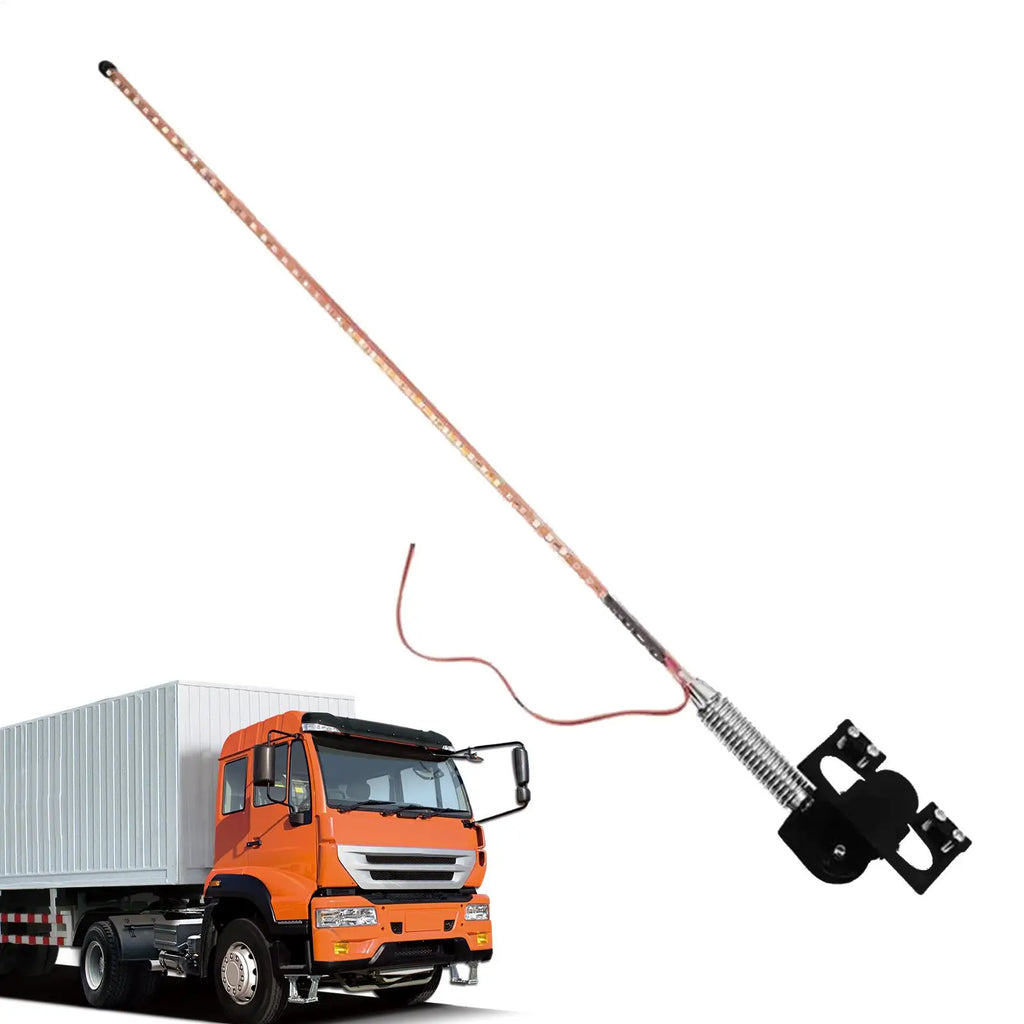 LED whip light antenna with a metal spring base and mounting bracket, designed for installation on trucks.