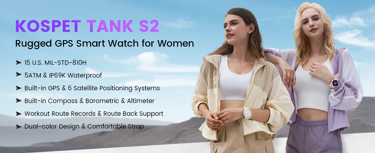 KOSPET TANK S2 GPS Smart Watch For Women Compass Altimeter Barometer Bluetooth Call AI Voice AMOLED IP69K Waterproof Smartwatch