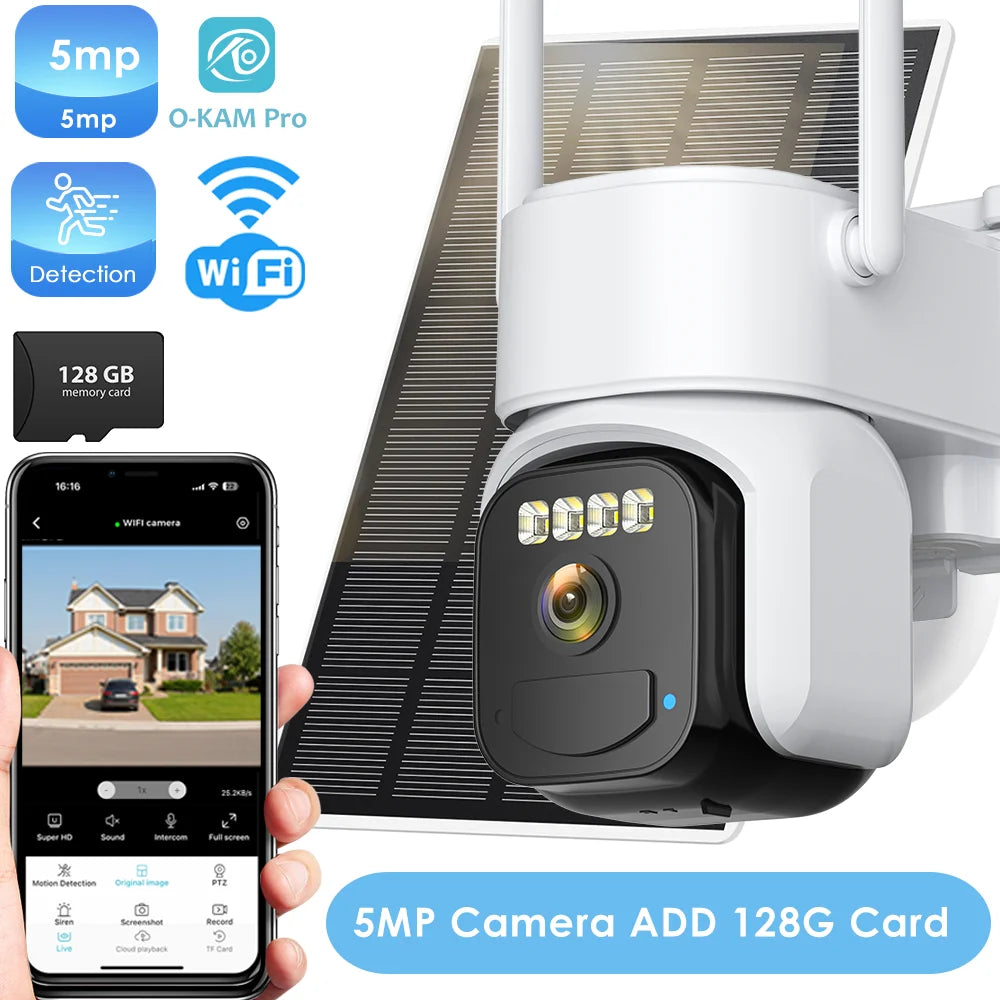 White outdoor solar PTZ security camera with WiFi, app control, and 128GB card icon
