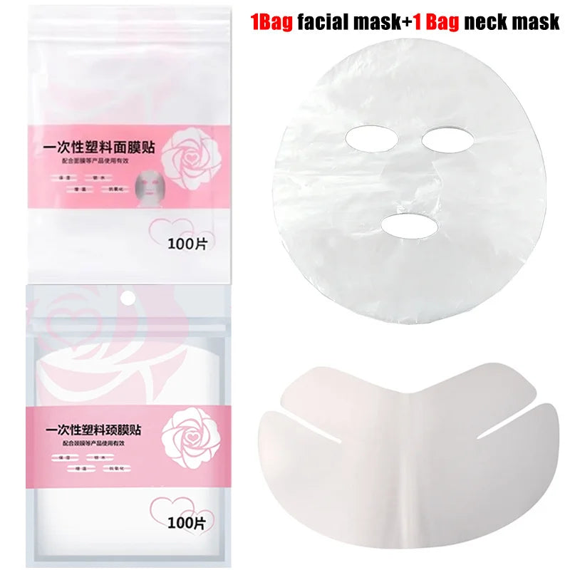 Disposable clear plastic face and neck sheet masks, each in a bag of 100 with pink rose-themed packaging.