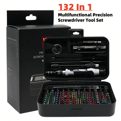 Precision multi-function screwdriver tool set in black storage case, with bit array