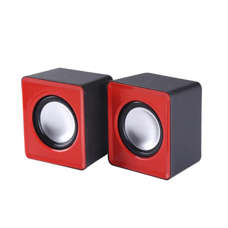 Red mini desktop speaker pair with two front circular drivers
