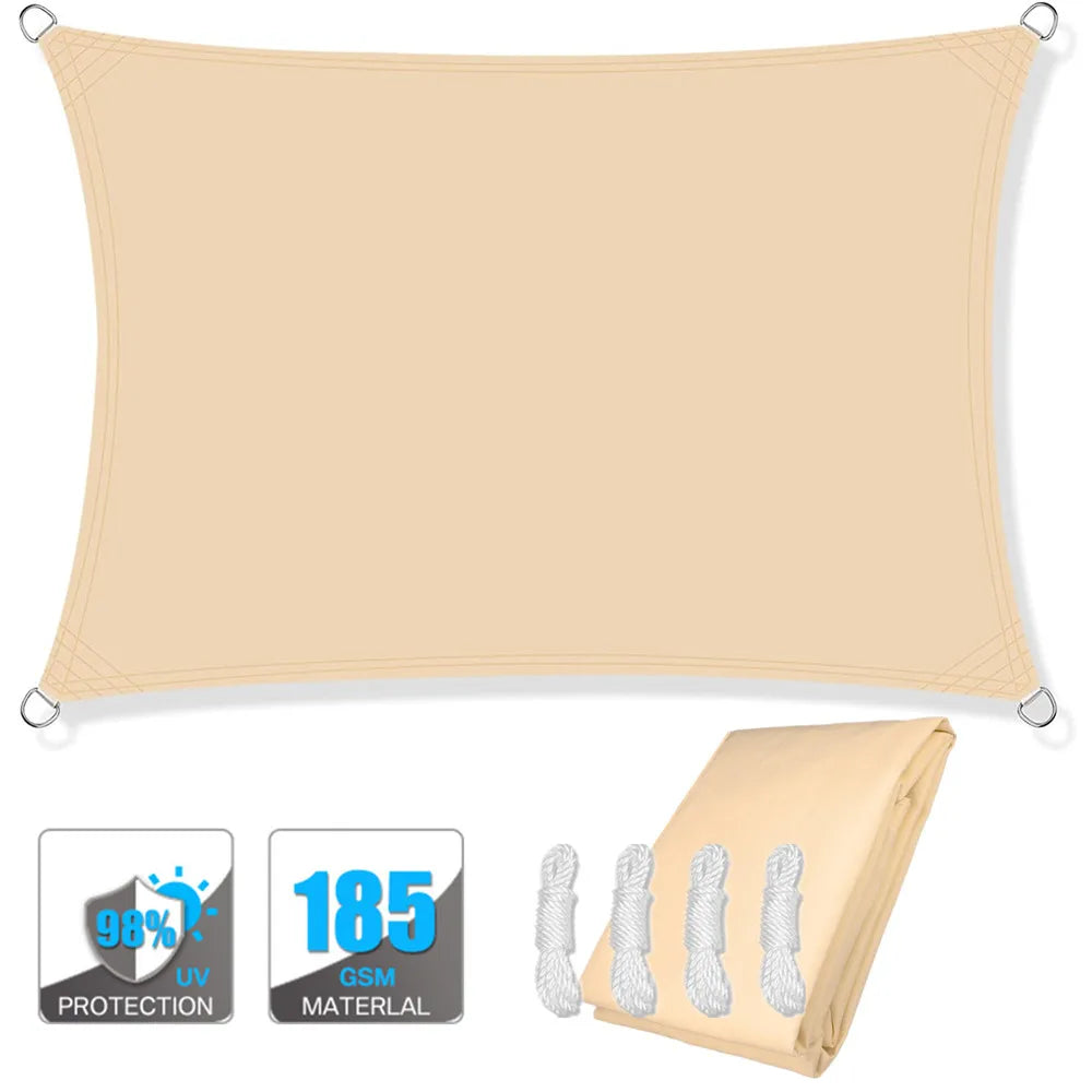 Beige rectangle sun shade sail canopy with corner grommets and folded matching fabric.