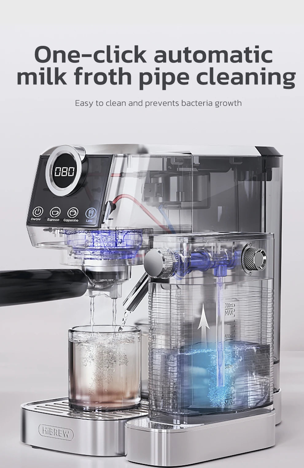 HiBREW espresso machine with digital display, 700ml milk tank, and automatic milk froth pipe cleaning function.