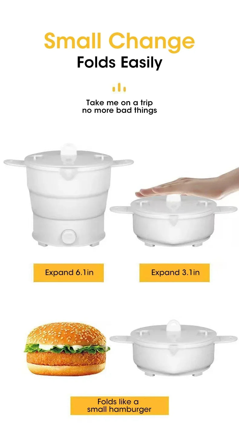 Foldable electric hot pot kettle with two expanded sizes, white silicone