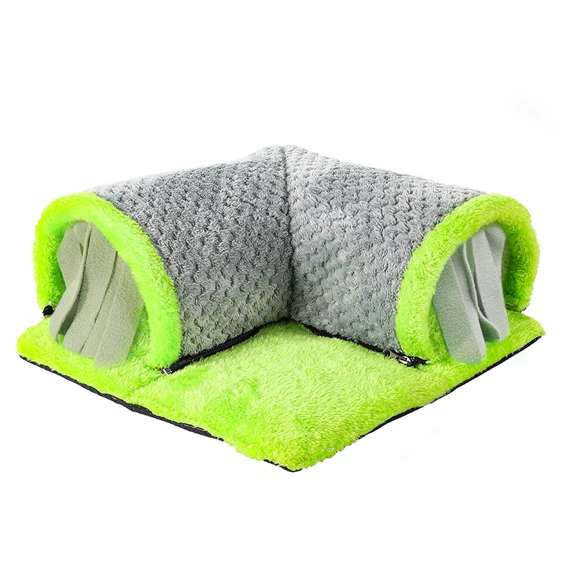 Tidesmit L-shaped gray and neon green fleece guinea pig tunnel bed with hanging felt fringe and removable base.