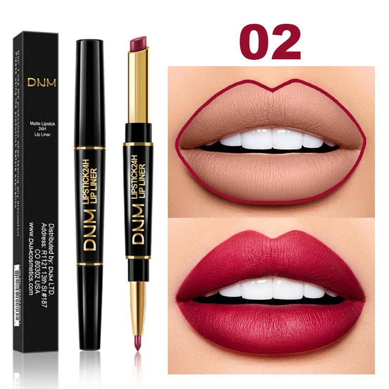 DNM 2-in-1 waterproof matte lipstick and lip liner pencil in shade 02, showing nude and red velvet lip makeup looks.
