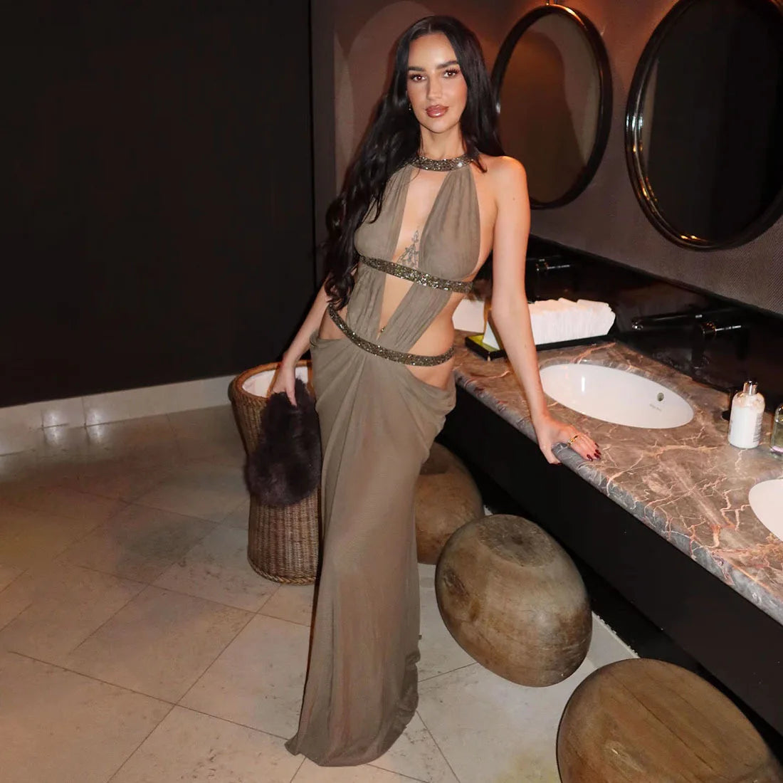 Sexy Women's Maxi Dress Halter Hollow Out Backless Sleeveless Ruched Evening Long Dresses Party Chic Robe Green Purple Summer