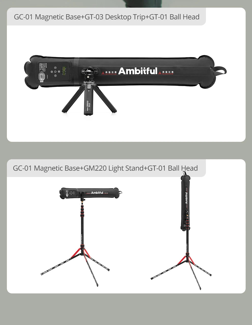 Black LED tube light kit with magnetic base, mini tripod, and light stand configurations for studio lighting setups.