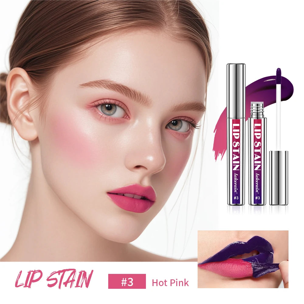 Model wearing hot pink peel-off lip stain with purple applicator, showing matte transfer-proof long-lasting lip makeup.