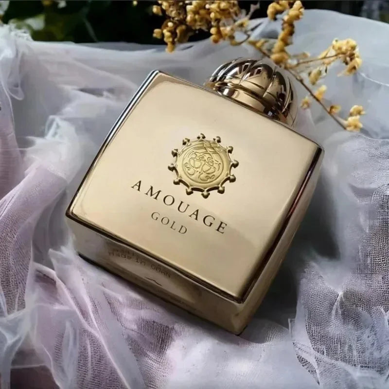 Amouage Gold EDP, 100ml unisex luxury woody oriental perfume in a square gold bottle with a dome cap. Arabian fragrance.