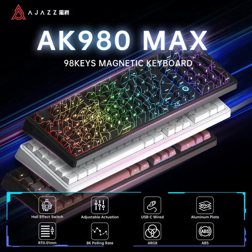 AJAZZ AK980 MAX 98-key magnetic switch mechanical keyboard with RGB web pattern keys and 8K polling rate.