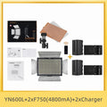 YN600L LED video light kit with barn doors, filters, remote, two batteries, two chargers, and instruction manuals.