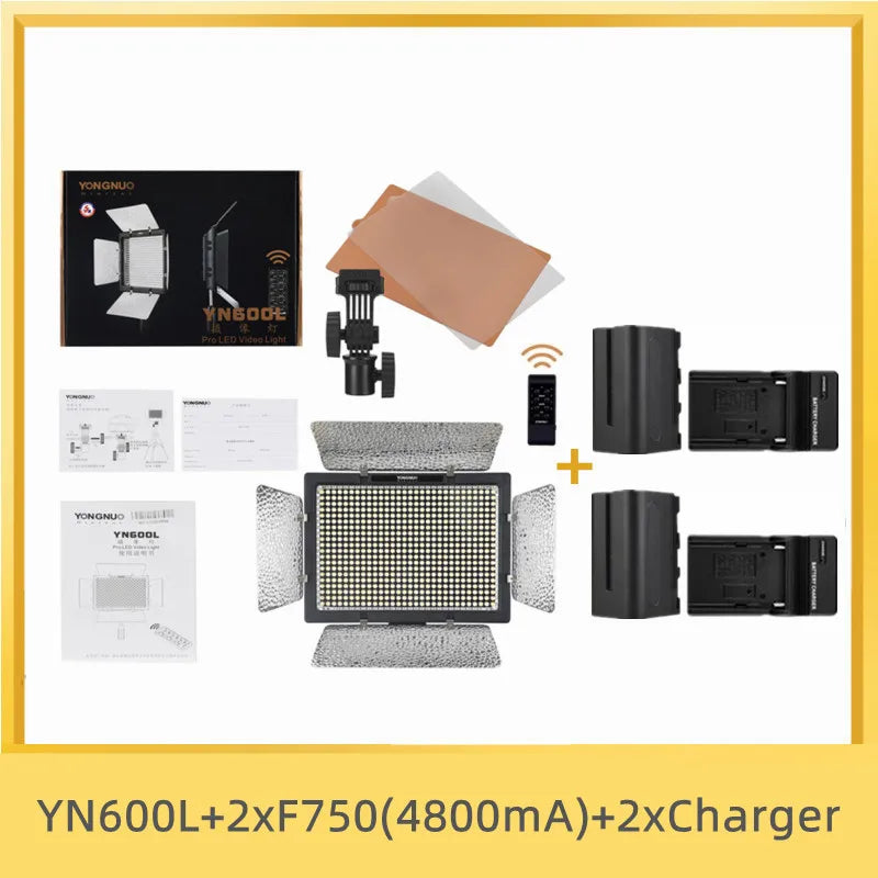YN600L LED video light kit with barn doors, filters, remote, two batteries, two chargers, and instruction manuals.