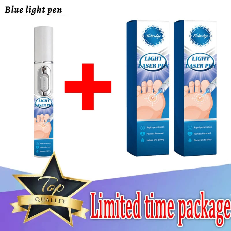 A white cylindrical blue light wart removal pen shown next to two matching blue product boxes with foot graphics.