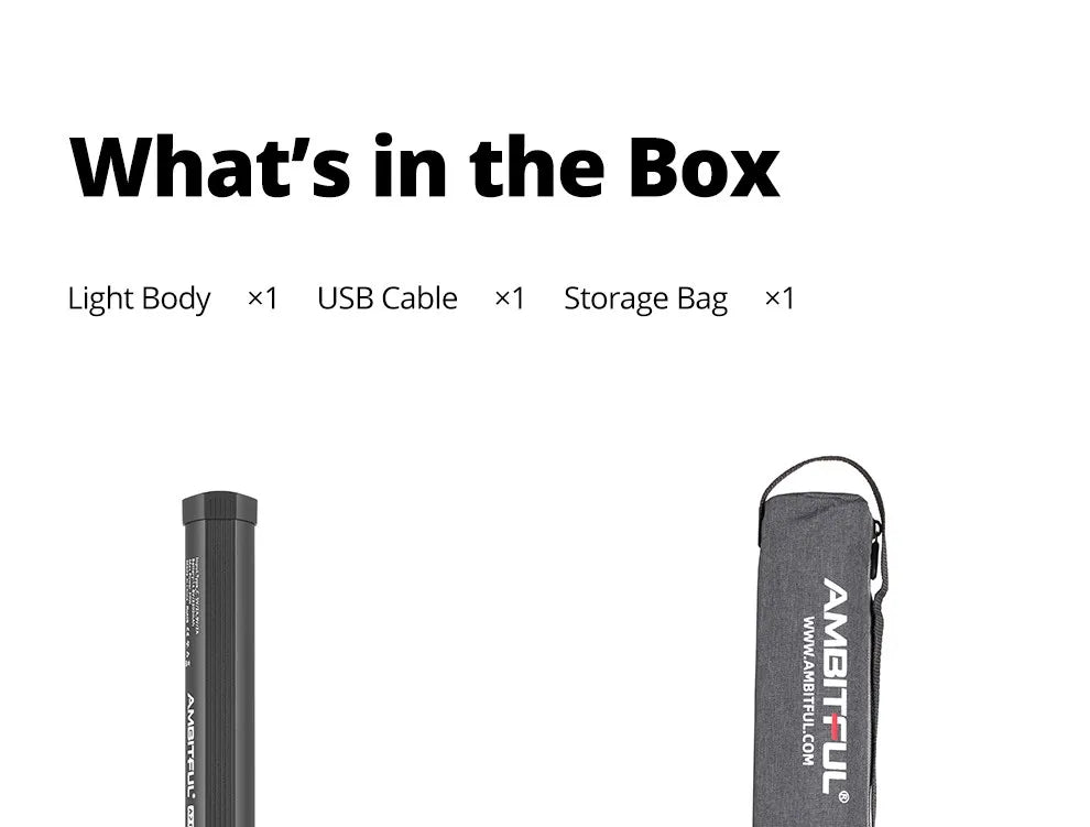 Black cylindrical LED light wand, USB charging cable, and grey fabric storage pouch for photography lighting.