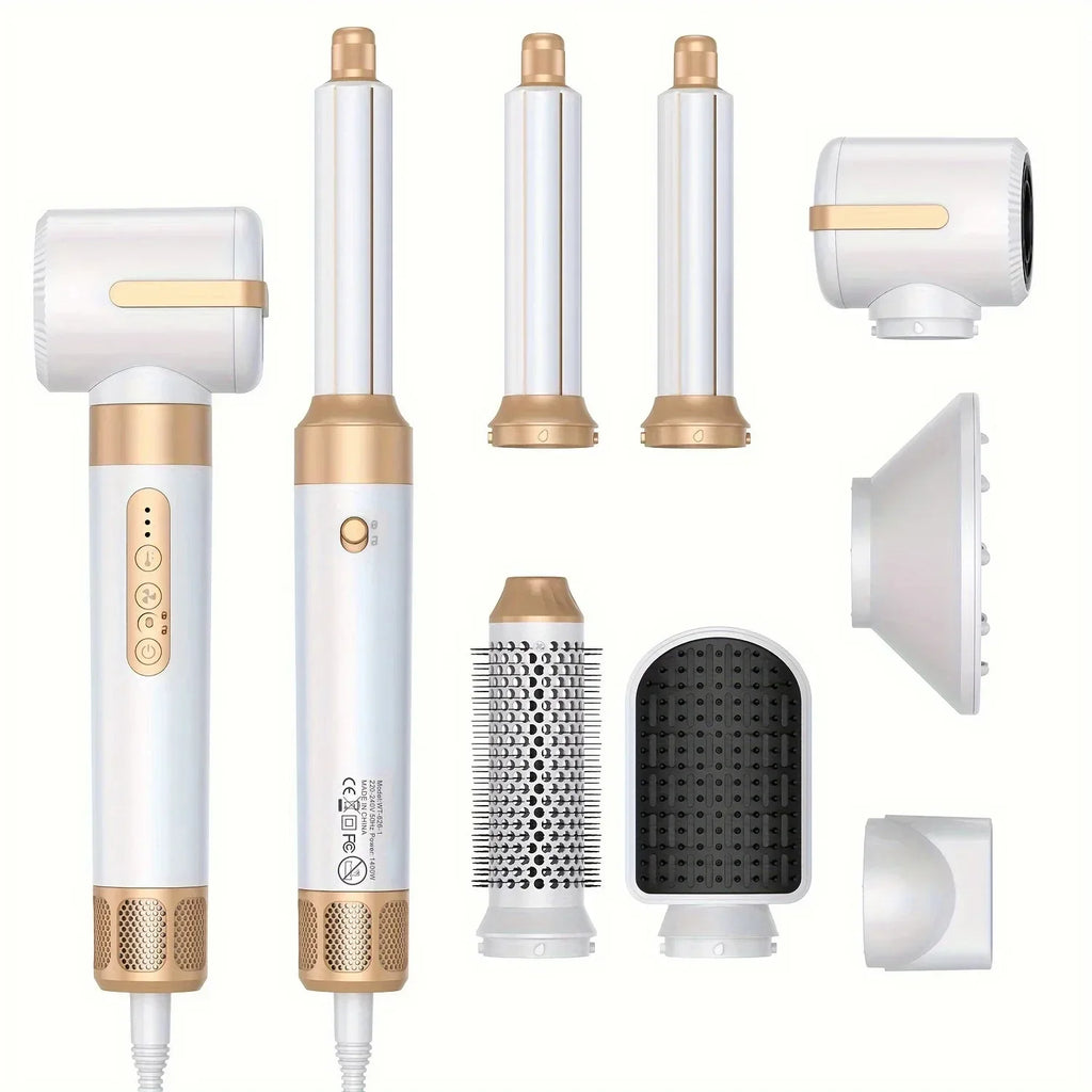 TINSOL 7-in-1 hair dryer and styling set in white and gold, featuring curling barrels, brushes, and blow dry nozzles.