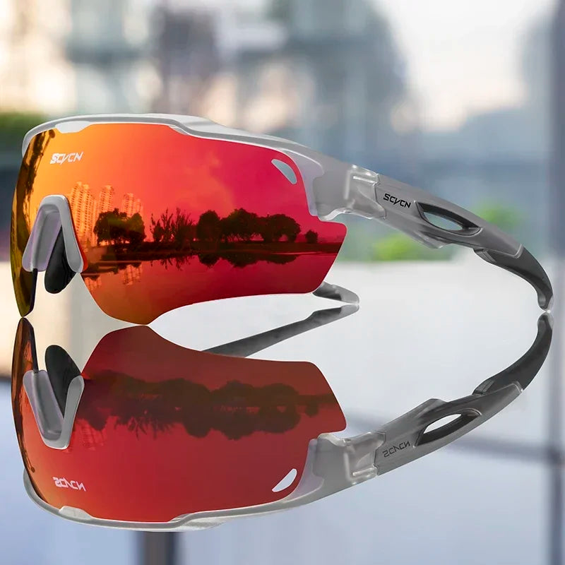 Cycling sunglasses with white frame and red mirrored polarized lenses
