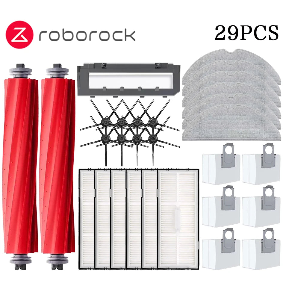 Tidesmit replacement parts set for Roborock S7 MaxV Ultra including side brush, mop, HEPA filter, and rolling brush.
