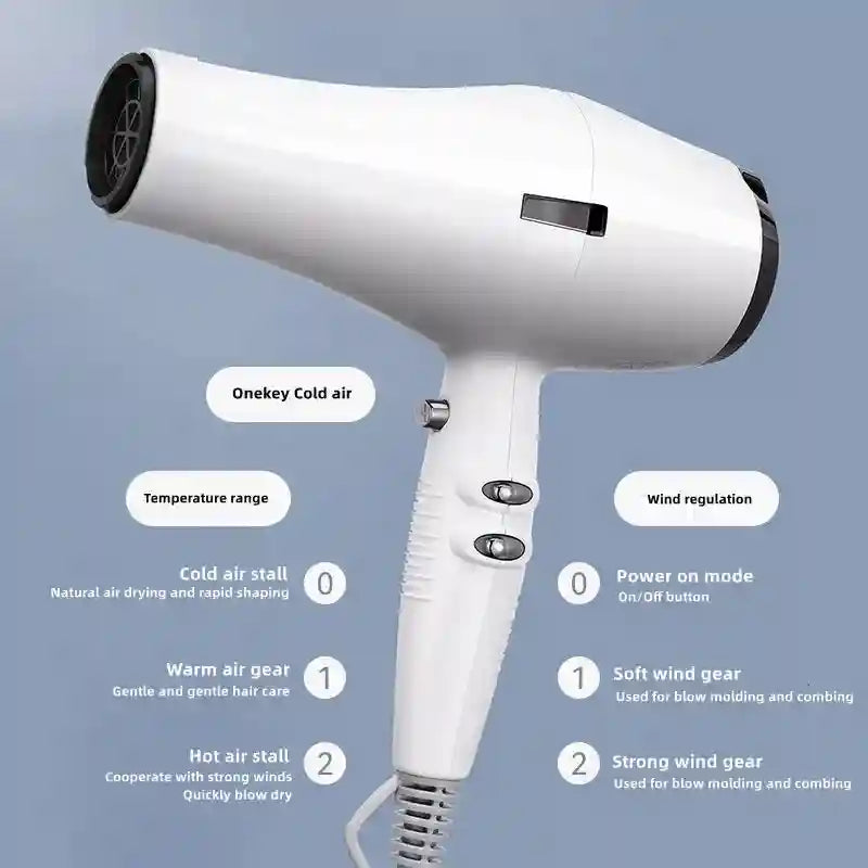 White 2400W high-speed professional hair dryer with variable heat, wind settings, and one-key cold air for quick drying.