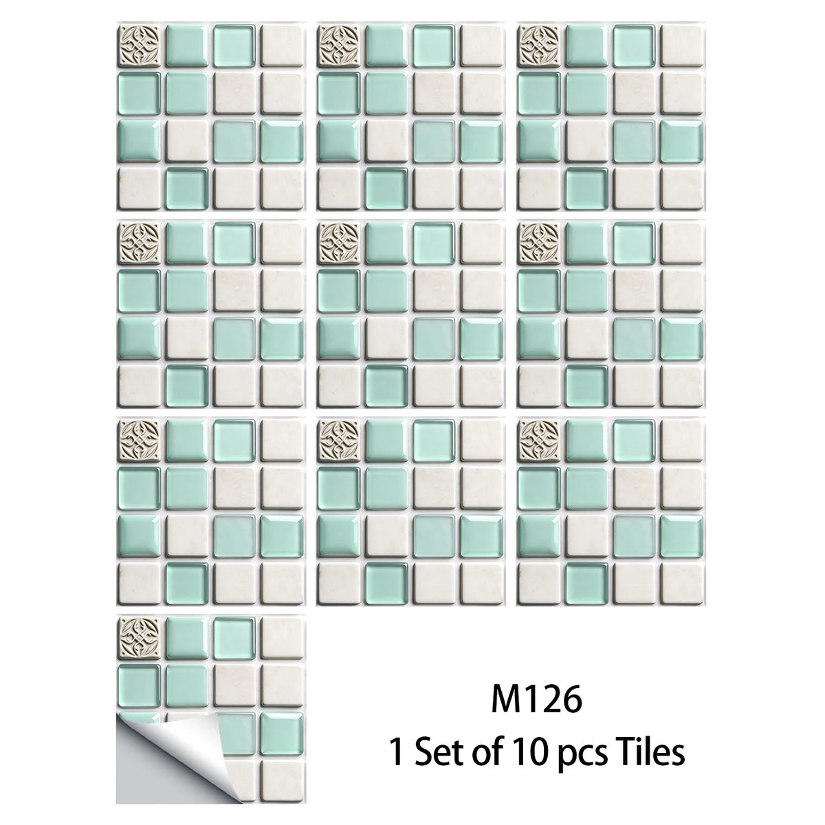 Mint green and white square mosaic tile sticker set sheet with gold and gray accents