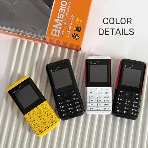 SERVO BM5310 3-SIM mini mobile phones in yellow, black, white, and red with keypad and LCD screen.