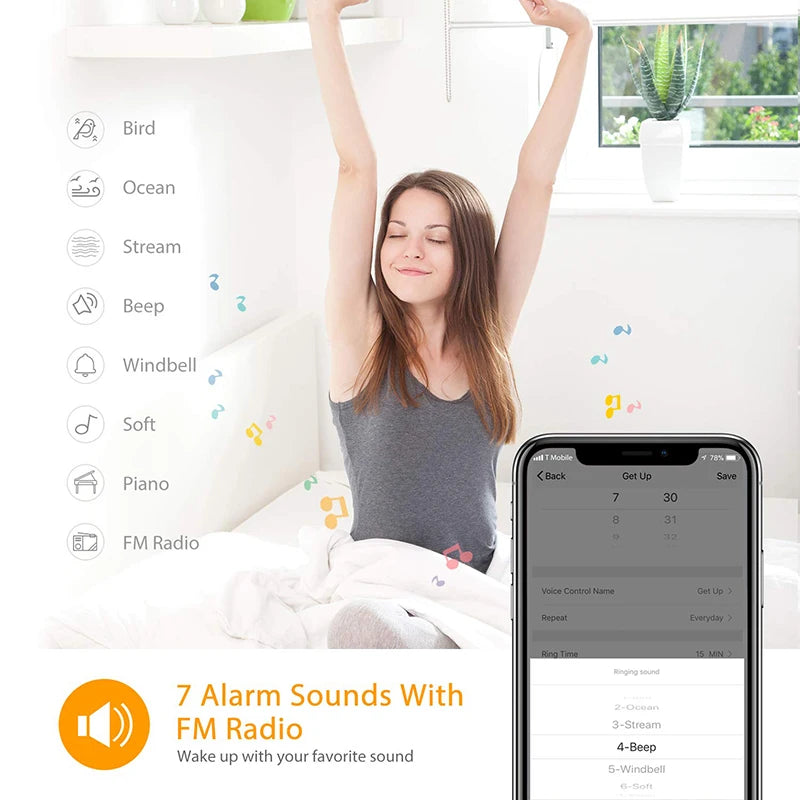 Smart Wake Up Light Alarm Clock Digital Desk Clock with Natural Sounds BT Speaker APP Control FM Radio Nightlight