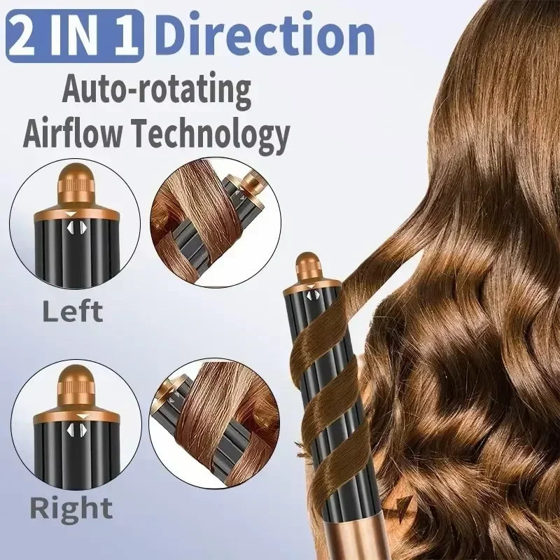 SenCiciMen 6-in-1 auto-rotating curling iron with gold and black barrel styling hair into curls with airflow tech.