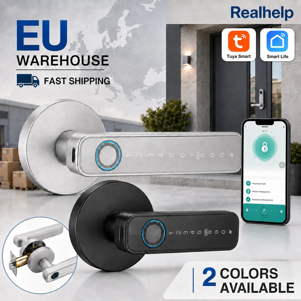 Smart Door Handle Lock with Tuya App Fingerprint PIN RFID Card Mechanical Key Temporary Code for Home Apartment Office