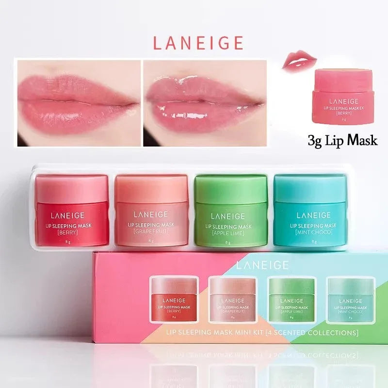 Laneige Lip Sleeping Mask mini kit featuring hydrating, plumping fruit-scented lip balms in colorful travel jars.