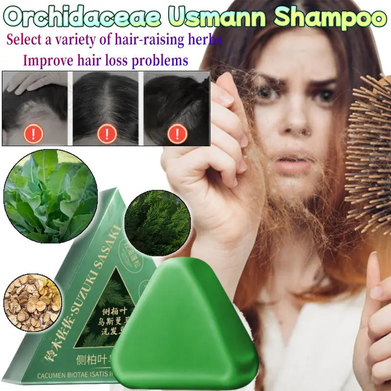 Usman Grass Platycladus Herbal Shampoo Soap Natural Hair Loss Treat Strengthens Roots Controls Oil Cleanses Scalp Hair Growth