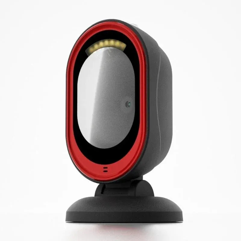Red and black desktop barcode scanner on stand with oval scan window
