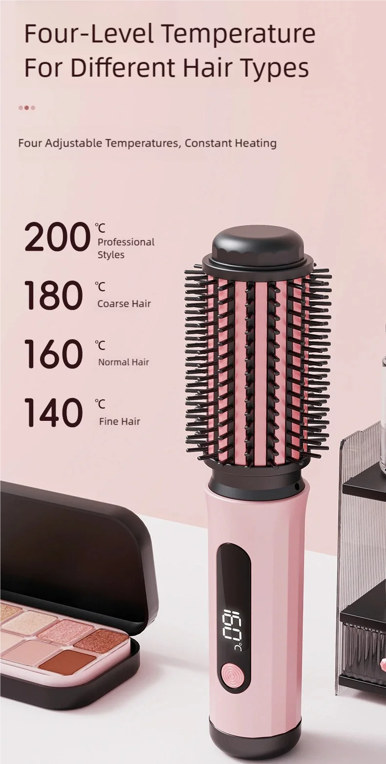 Pink TINSOL negative ion hot air brush with digital temp control, 4 heat settings for straightening and curling hair.