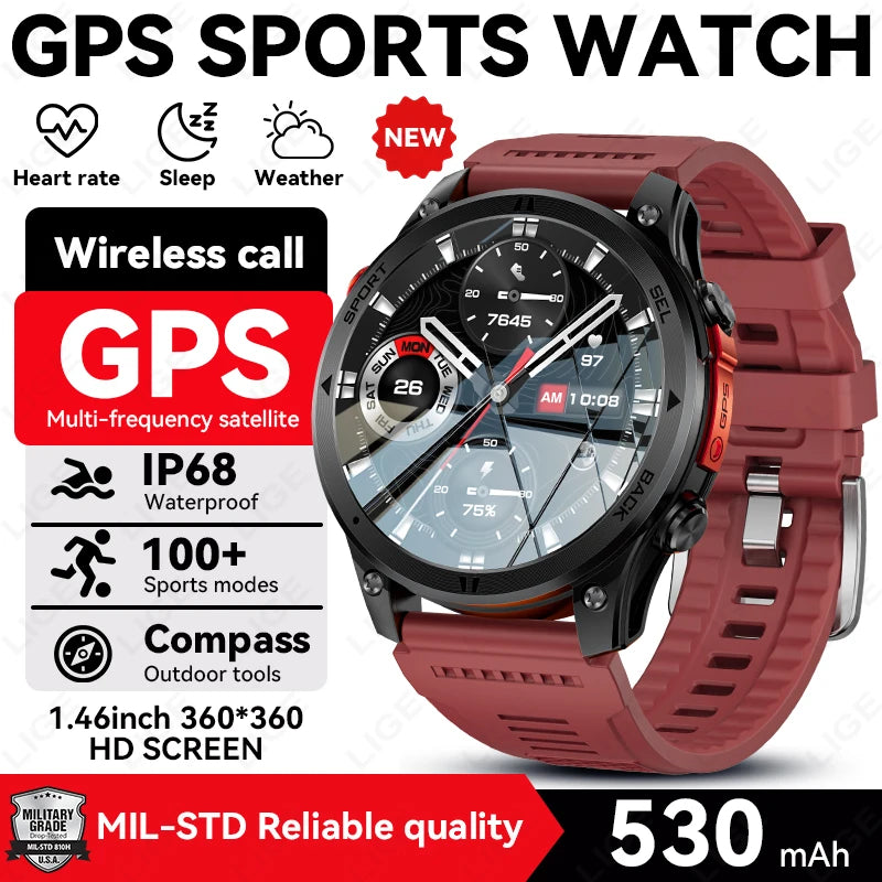 LIGE 2026 New GPS Path Smart Watch 530mAh Battery IP68 Waterproof Sports Run Tracker BT Call Outdoor Compass Military Smartwatch